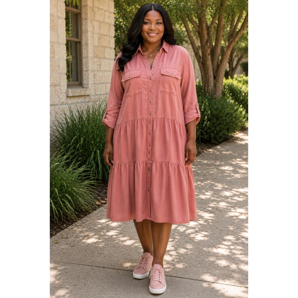 Nurture By Westbound 2X Dusty Pink Shirt Dress Tiered Midi Roll Tab Sleeves Plus